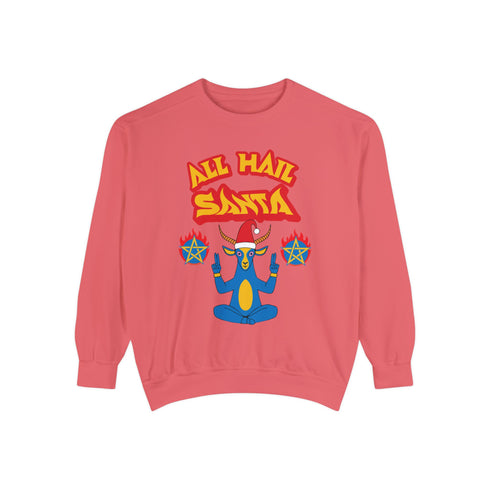 A Christmas sweatshirt featuring a playful design with a cartoon Baphomet goat character wearing a Santa hat. The design includes the text "All Hail Santa" above the goat, with pentagrams in flames on either side. The goat is depicted in a meditative pose, adding a humorous and irreverent twist to holiday attire.